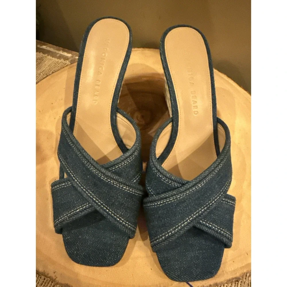 Veronica Beard Edna Denim Wedge Espadrille Open Toe Sandals Size 7.5 New 395$